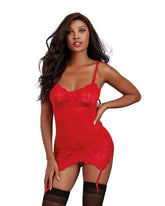 Stretch Lace and Mesh Garter Slip with Matching G-String Set - - Babydolls and Chemises